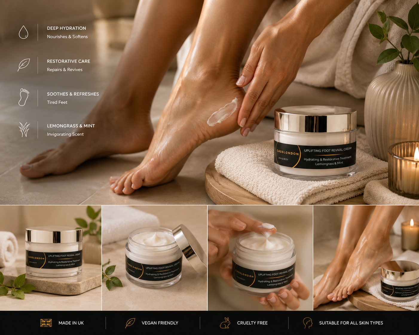 UPLIFTING FOOT REVIVAL CREAM
Hydrating & Restorative Treatment – Lemongrass & Mint