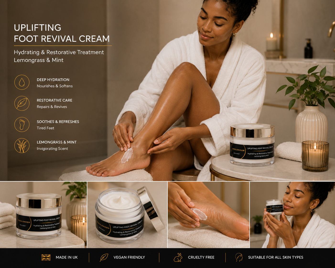 UPLIFTING FOOT REVIVAL CREAM
Hydrating & Restorative Treatment – Lemongrass & Mint